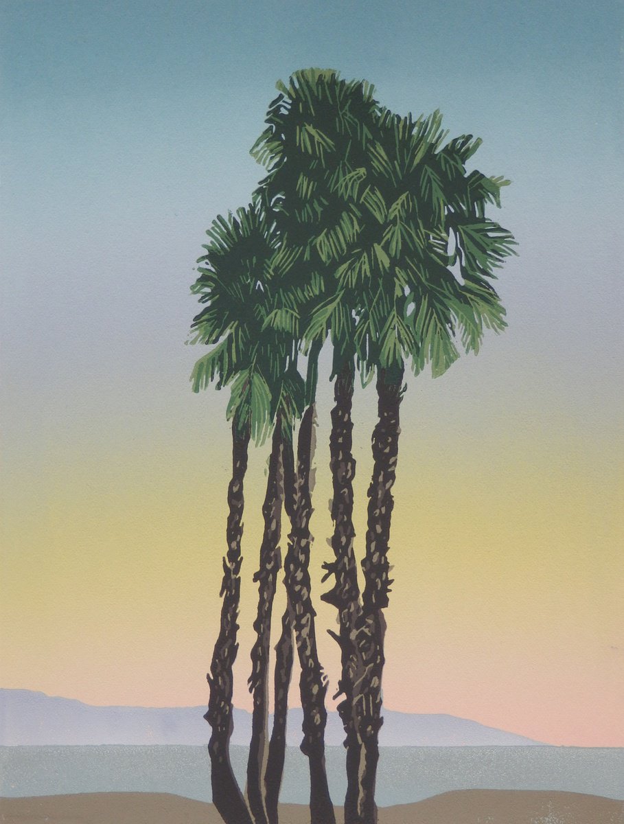 Impressionistic Linocut , Palm Trees At Dusk By Kirstie Dedman, 8 X 10, Artwork For Sale On Artfinder