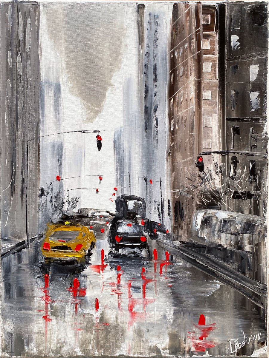 Impressionistic Cityscapes Oil Painting By Dmitry Fedorov, 16 X 20, Rainy Day In New York City, Original Artwork