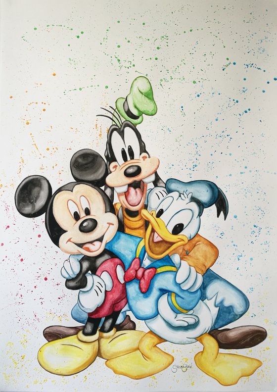 Old Friends. Mickey, Donald and Goofy Watercolour on paper. Free Worldwide Shipping