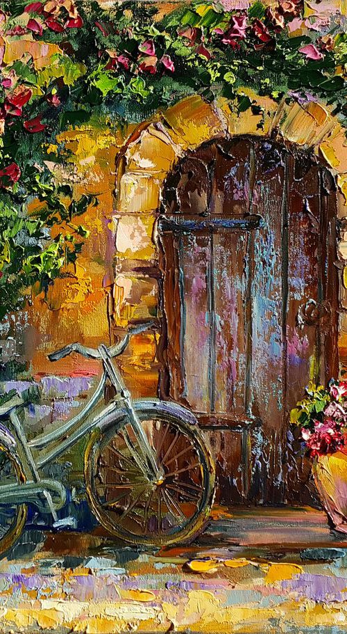 Painting oil " Cozy patio " original impasto artwork by Anastasia Kozorez