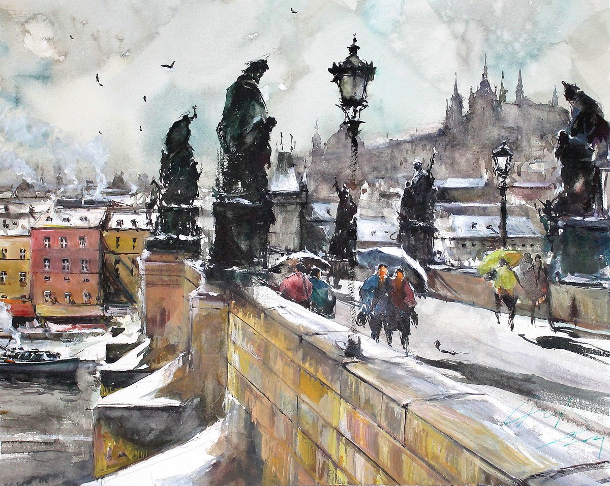 Impressionistic Cityscapes Watercolour By Maximo Damico, 15 X 11", Prague Winter Scene Ii, Original Artwork