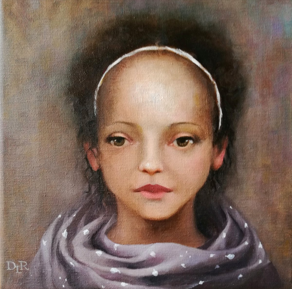 Expressive Portrait Oil Painting By Daniela Roughsedge, 13 X 13, The Girl With Star-Speckled Scarf, Original Artwork