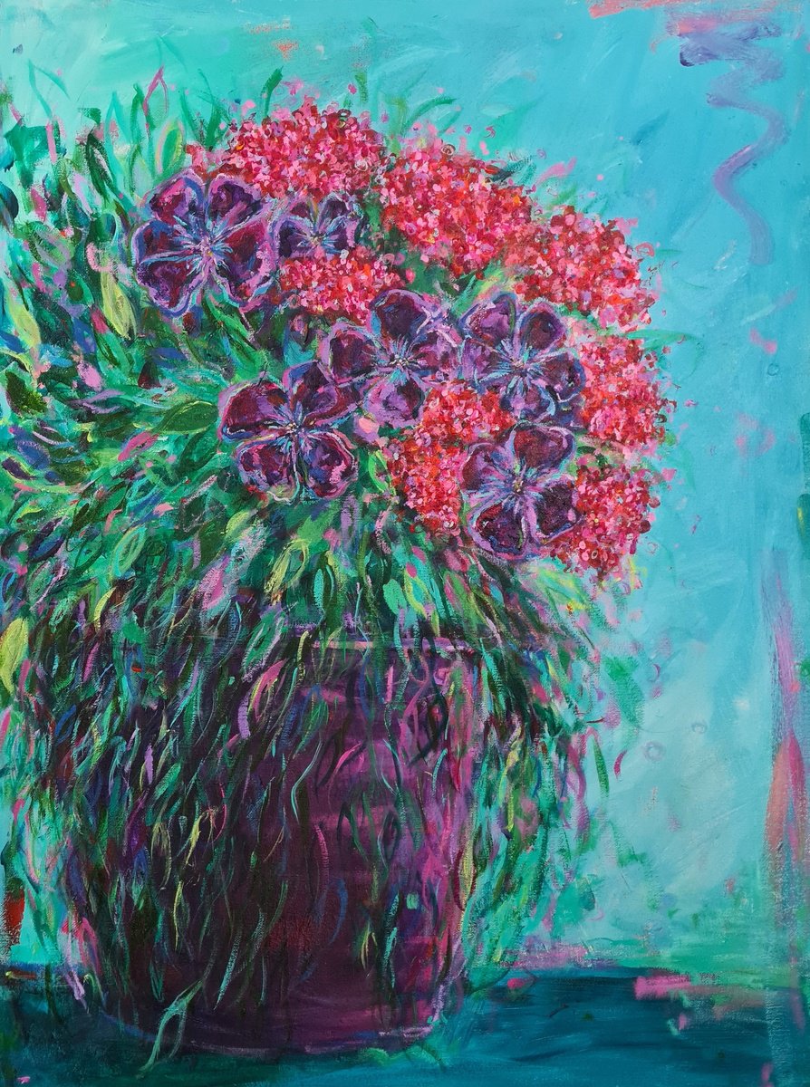 Impressionistic Still Life Acrylic Painting By Dawn Underwood, 24 X 31, Flower Pot, Original Artwork