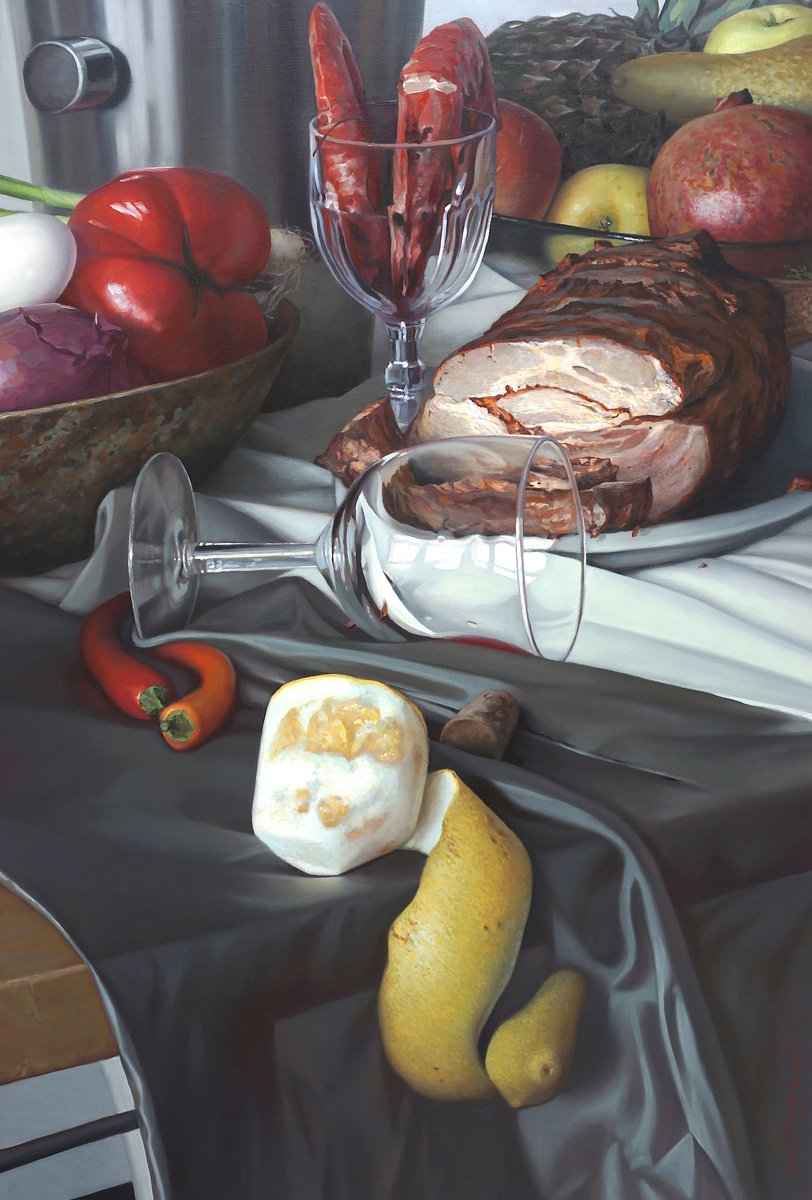 Photorealistic Still Life Oil Painting By Sergej Sologub, 37 X 55", Stillleben Mit Umgekipptem Weinglas, Original Artwork