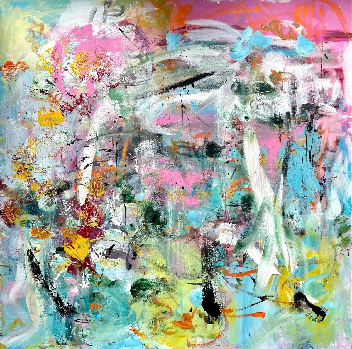 Expressive Abstract Acrylic Painting By Christel Haag, 47 X 47, Behalte Den i?berblick, Original Artwork