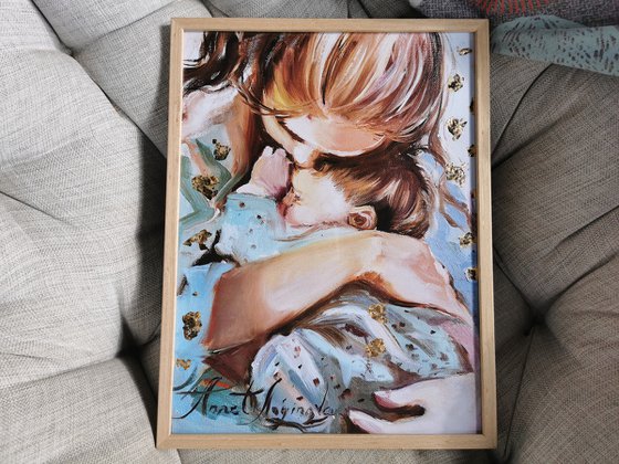 Hugs painting, Framed wall Print, Baby Hugs, Motherhood painting