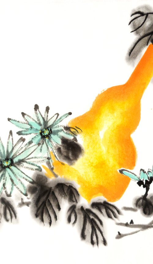 Calabash bottle gourd and chrysanthemum - Pumpkin series No. 05 - Oriental Chinese Ink Painting by Ilana Shechter