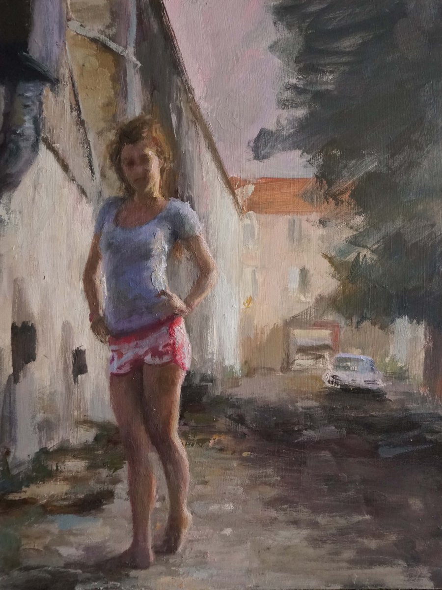 Impressionistic Portrait Oil Painting By Manuel Leonardi, 12 X 16", Backyard, Original Artwork