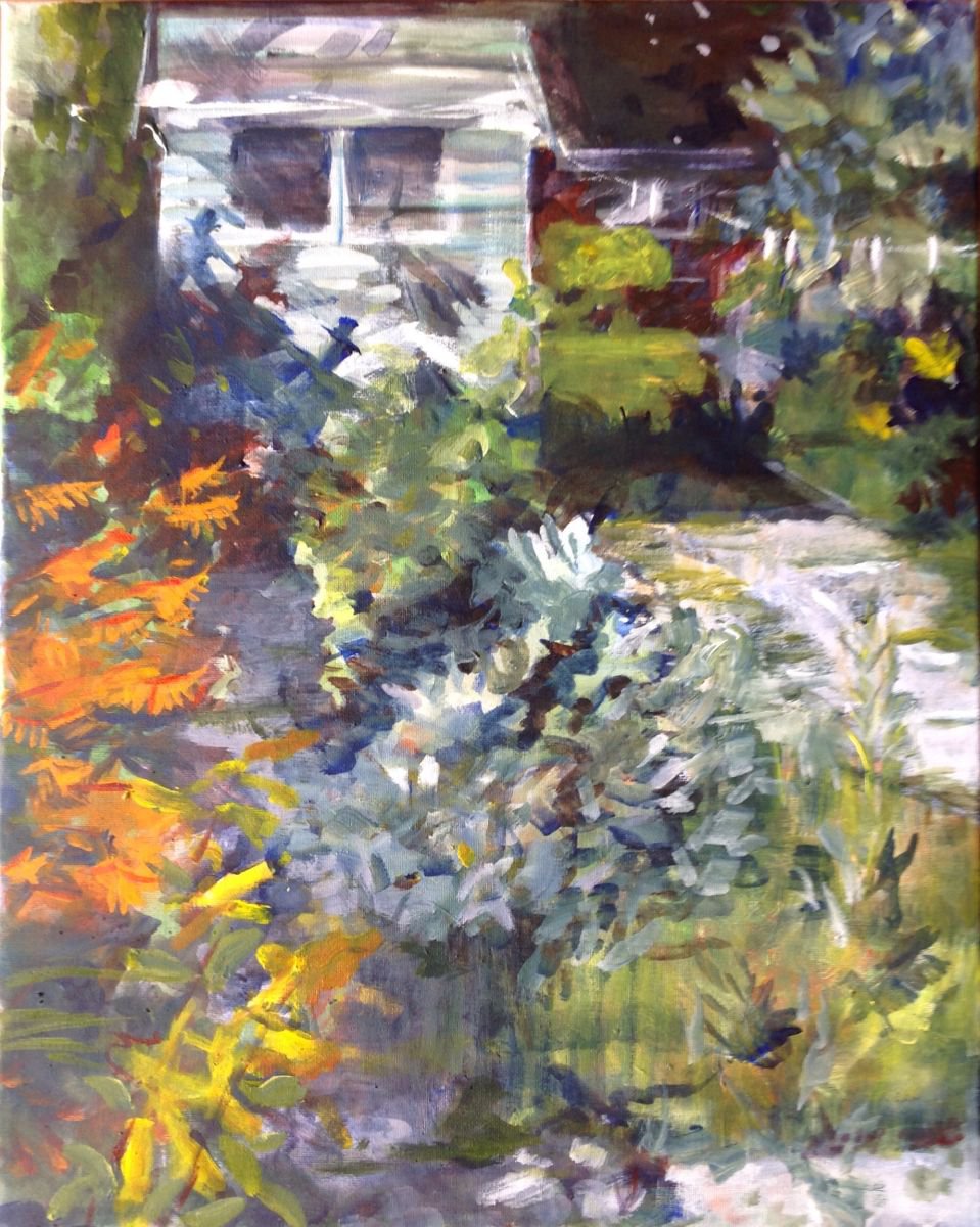 Impressionistic Botanical Acrylic Painting By Sandra Haney, 16 X 20", September Back Garden, Original Artwork