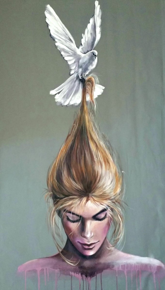 Expressive Portrait Acrylic Painting By Elena Kraft, 30 X 49, Flying Connection Iv, Original Artwork