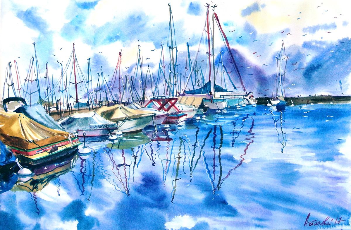 Impressionistic Landscape Watercolour By Ksenia Astakhova, 22 X 15", Port La Tour-De-Peilz, Original Artwork