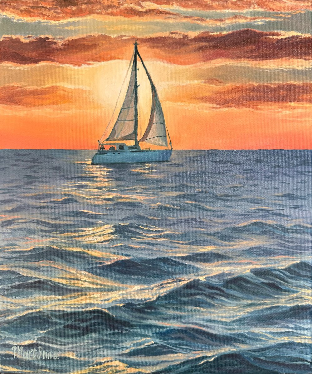Photorealistic Landscape Oil Painting By Inna Martynenko, 10 X 12, Sailing Into The Sunset, Original Artwork