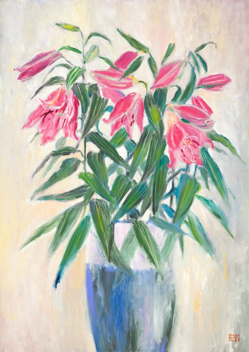 Impressionistic Botanical Oil Painting By Liudmila Pisliakova, 20 X 28", Lilies For A Friend, Original Artwork