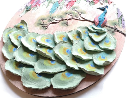 Peacock and Wisteria-3d landscape with a bird and flowers on an oval panel, 26x32x2 cm