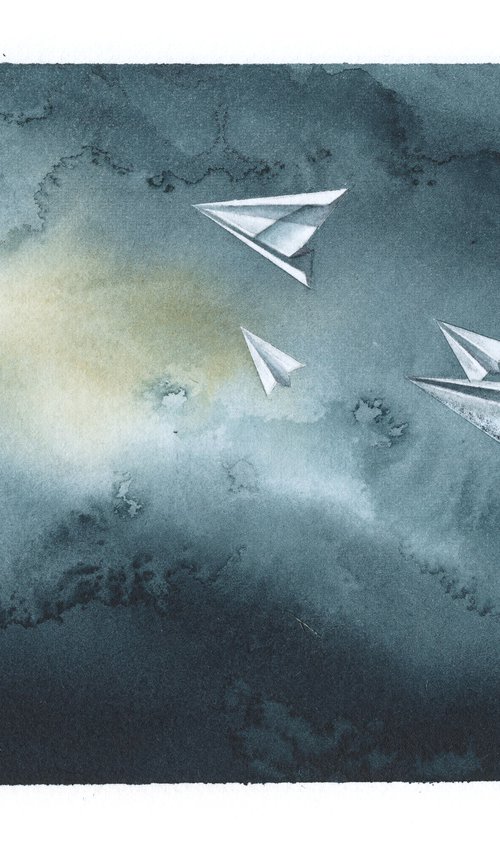 Promises IX - Origami Paper Plane Watercolor by ieva Janu