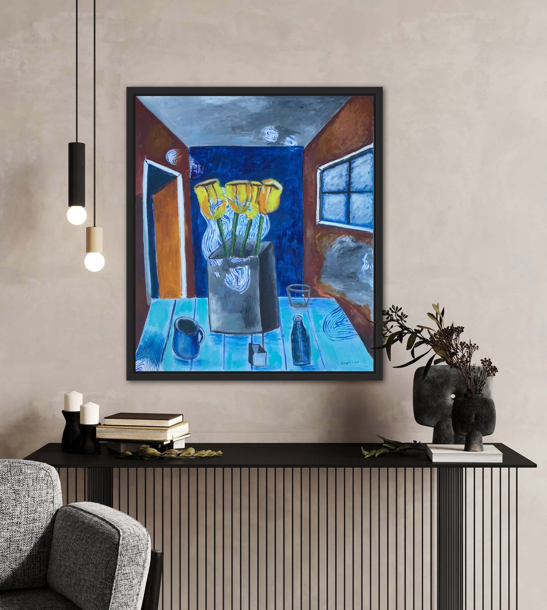 Flower pot with blue table Oil painting by Roberto Munguia Garcia ...