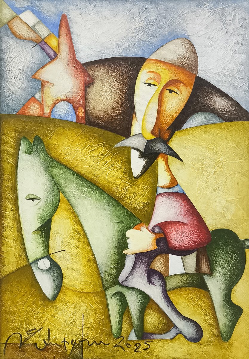 Naive Portrait Acrylic Painting By Sargis Zakarian, 9 X 13", Guardian Of The Hills, Original Artwork