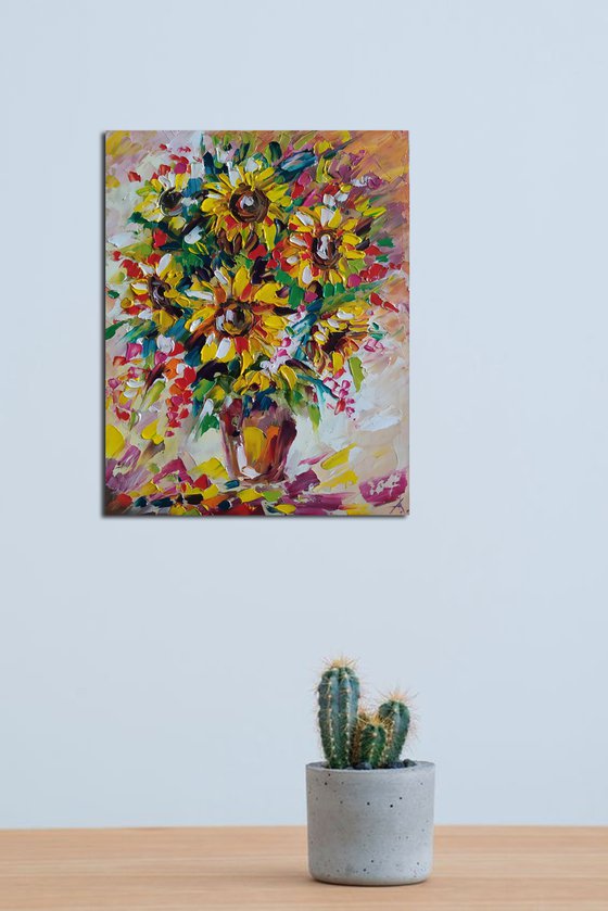 The lights of a sun - sunflowers, oil painting, flowers, sunflowers oil painnting, bouquet