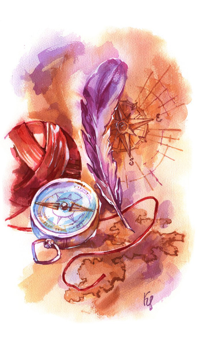 Old map and guiding thread original watercolor artwork travel illustration by Ksenia Selianko