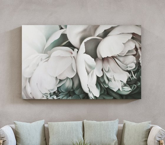 "Tender peonies 2" White flower oil art