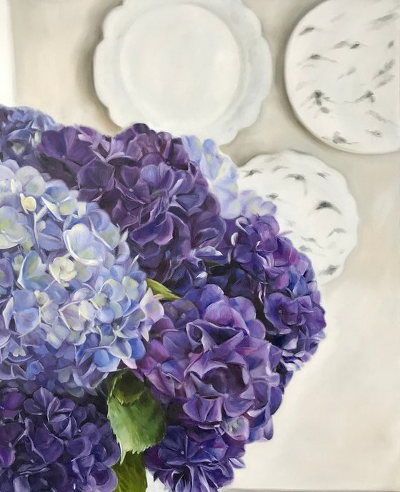 Big oil painting with purple hydrangea 120*120 cm