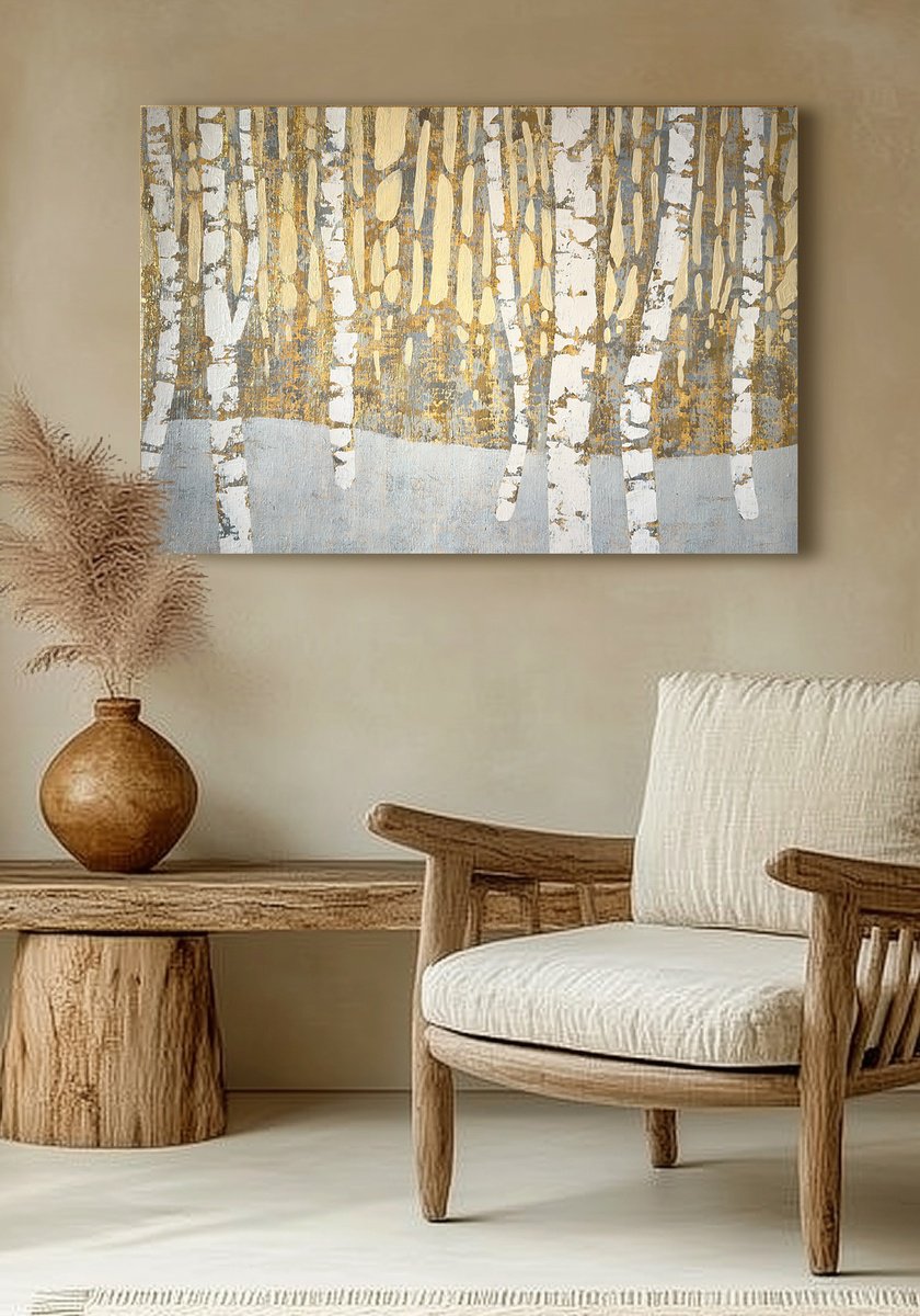 Impressionistic Landscape Acrylic Painting By Ekaterina Prisich, 35 X 24, Birch Forest, Original Artwork