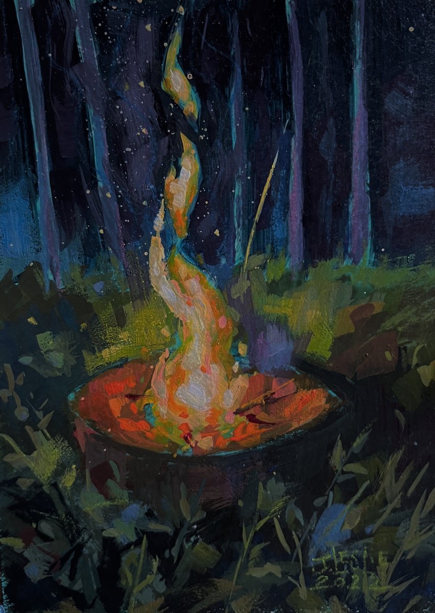 Impressionistic Painting , Bonfire In Downsville By Jimmy Leslie, 5 X 7, Artwork For Sale On Artfinder