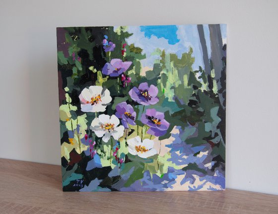 Garden flowers. Acrylic painting. Original art. 10 x 10