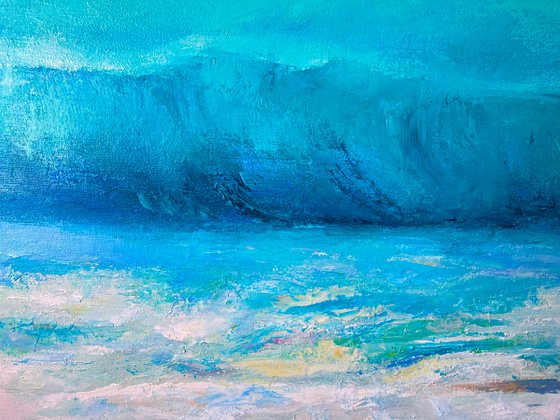 Sea. Blue and turquoise. 70x70 cm. Minimalistic large painting of the tropics and the beach.