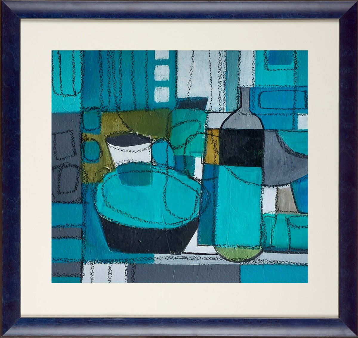 Abstract Still Life Acrylic Painting By Jan Rippingham, 14 X 13, Blue Abstract Still Life, Original Artwork