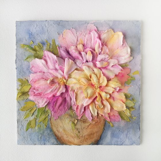 Blush pink and yellow peony bouquet sculpture painting