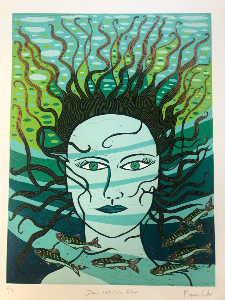 Illustrative Portrait Linocut By Marian Carter, 15 X 21", Down With The Fishes, Original Artwork