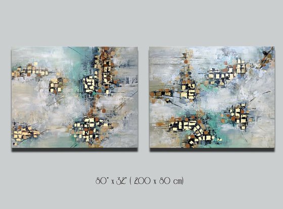 Somewhere New - 64" x 32" Abstract Painting, Set of Two Paintings, Multi Panel Abstract, ORIGINAL Painting, Gold Leaf Painting, Black and Gold, Large Art