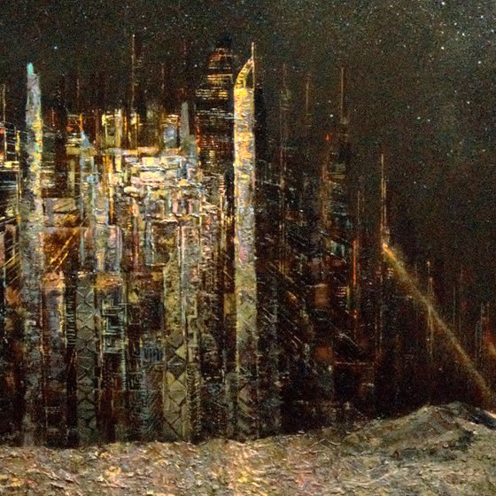 Outer space civilization in the universe. Original oil painting