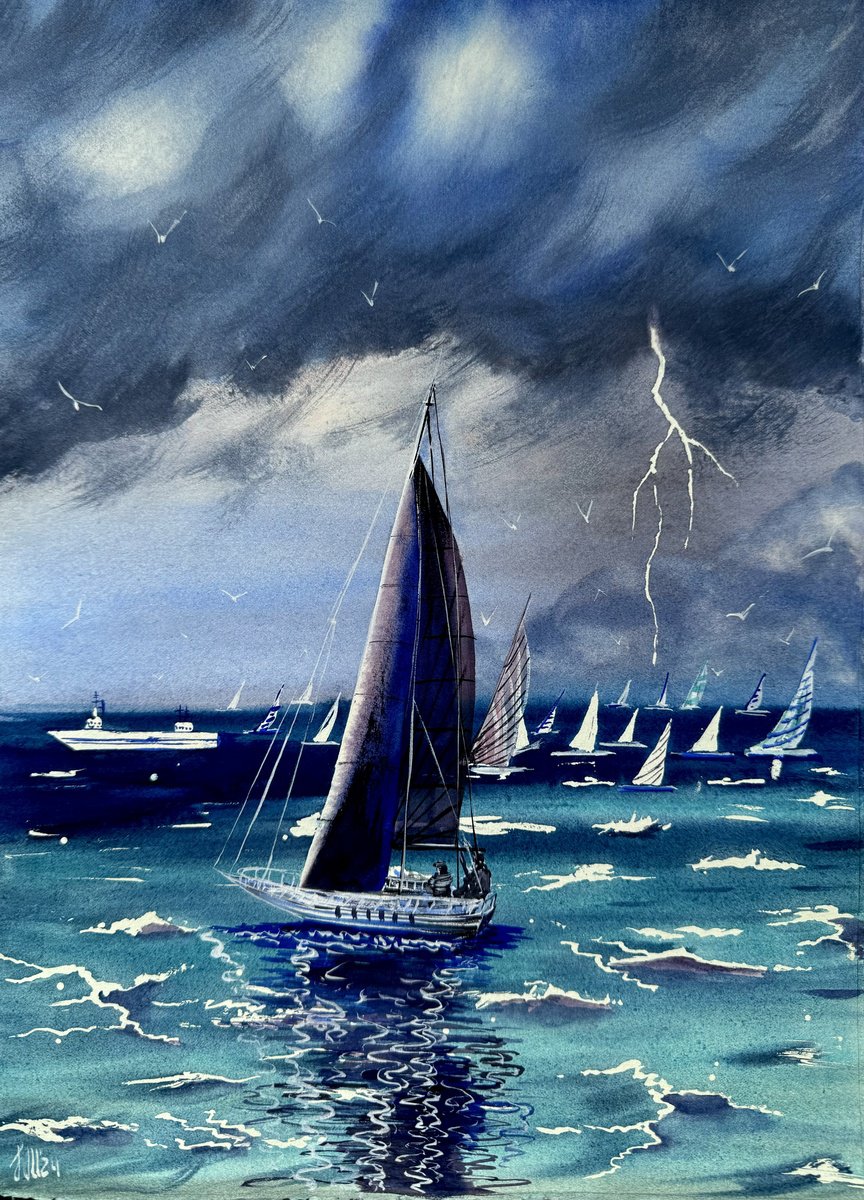 Expressive Landscape Watercolour By Yuliia Sharapova, 16 X 20", Lightning In The Sea. Yachts, Original Artwork