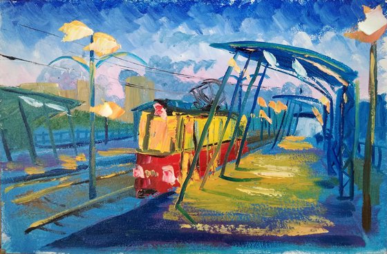 Evening tram. Pleinair painting