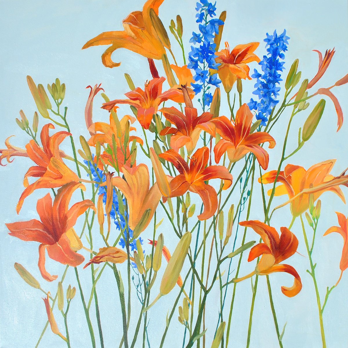 Photorealistic Botanical Oil Painting By Anna Shevel, 28 X 28, Orange Daylilies, Delphinium, Original Artwork