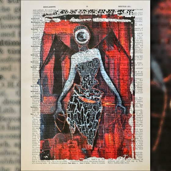 Dark Angel Eye - Collage Art on Large Real English Dictionary Vintage Book Page