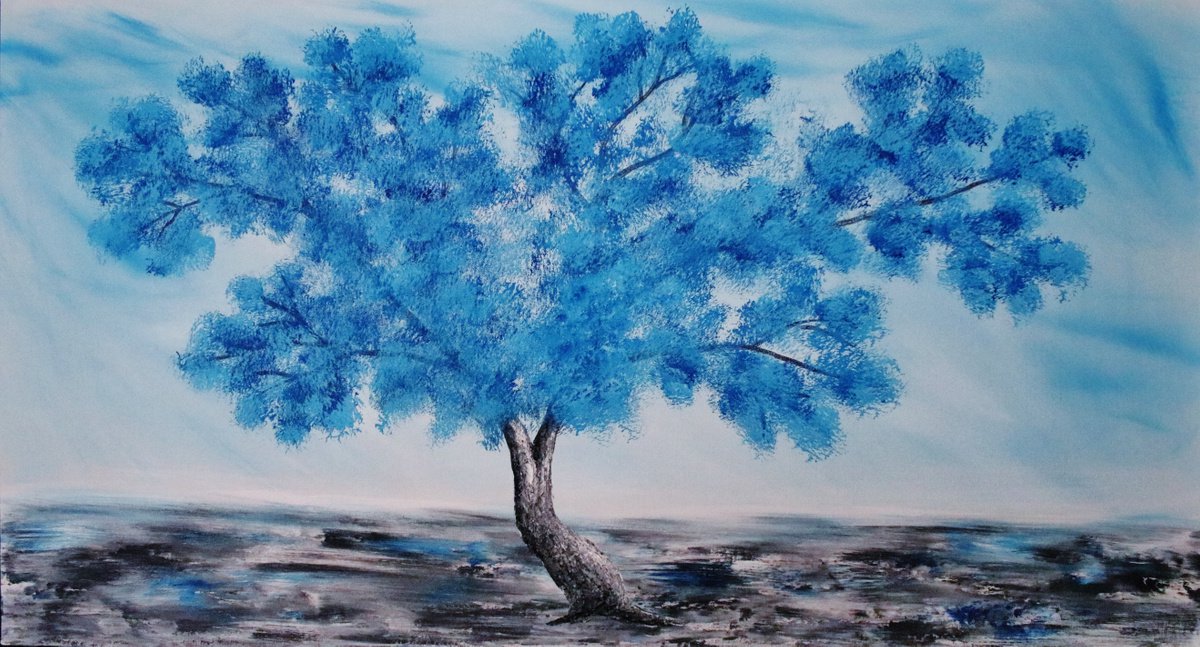 Oil painting blue tree, christmas sale was 945 USD now 795 USD. by Viorel Scoropan