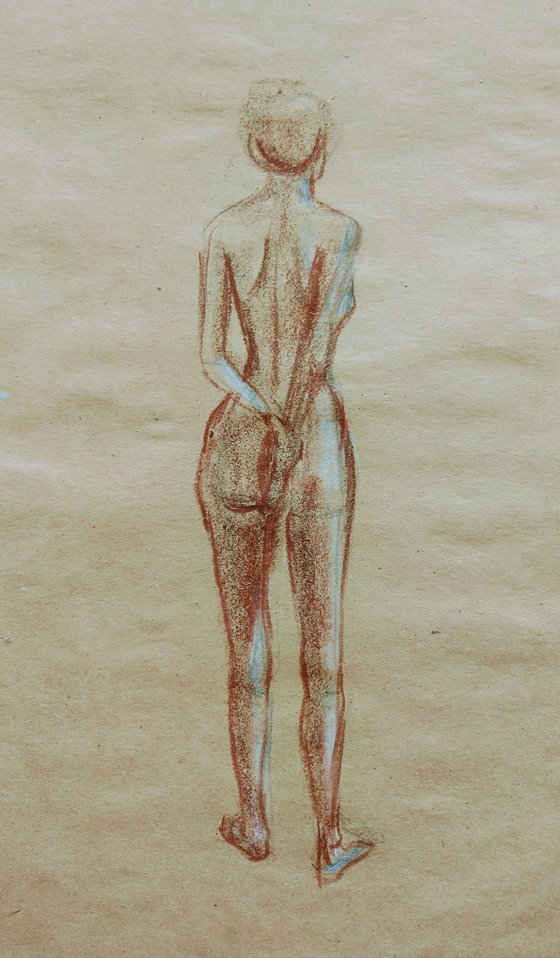 Nude. Sketch. Original pastel drawing on beige paper