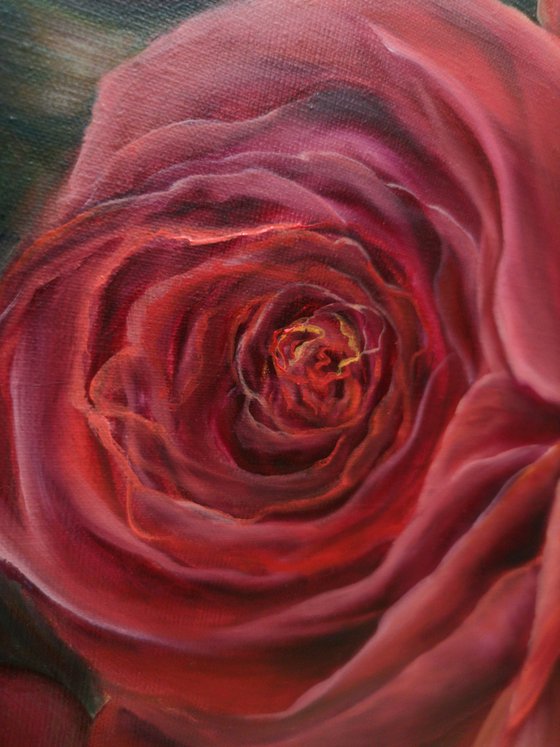 Embrace of terracotta roses, oil painting, original gift, home decor, Flowering, Spring, Leaves, Living Room, leaves,  flower picture