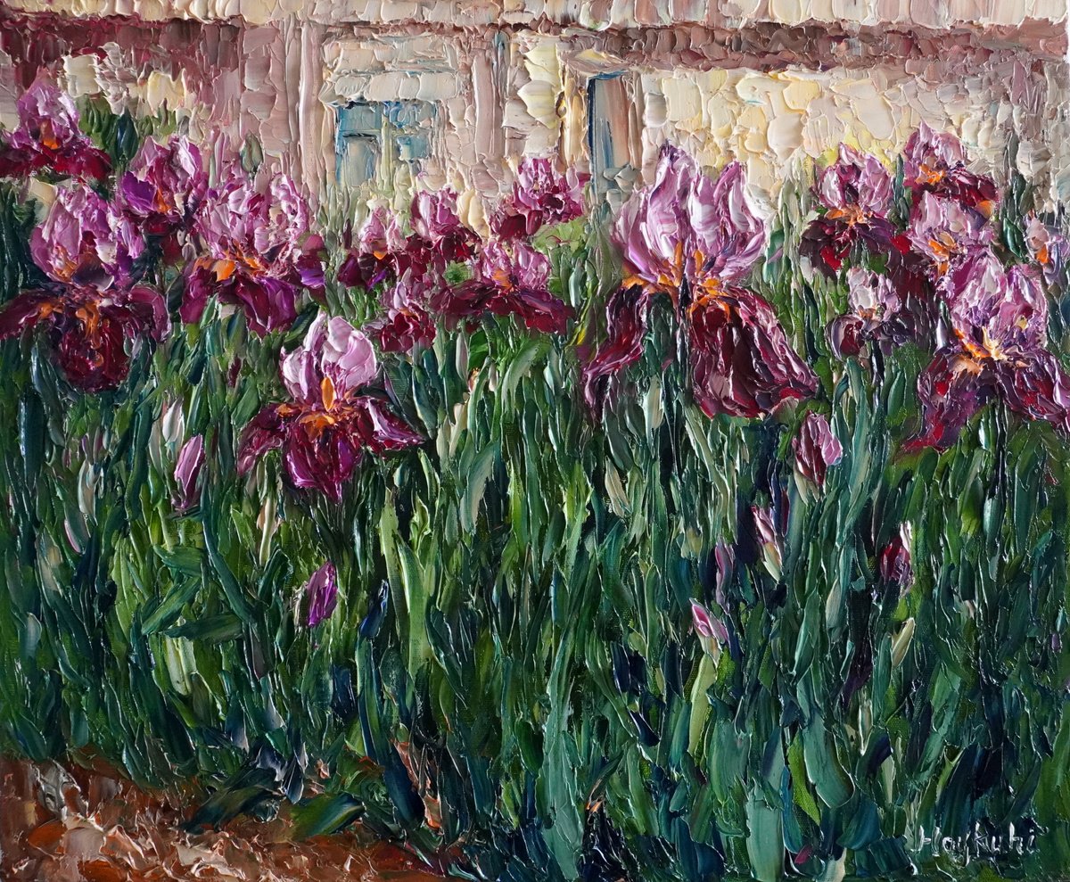 Impressionistic Botanical Oil Painting By Haykuhi Khachatryan, 24 X 20, Irises, Original Artwork