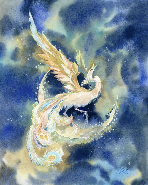 Lunar Firebird, Fantasy bird in watercolour