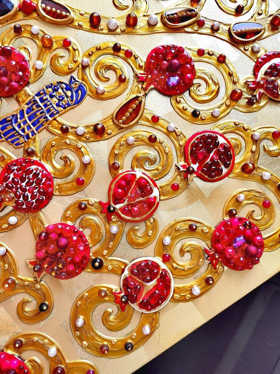 Pomegranate Tree artwork. Golden red art. Decorative wooden relief textured wall hanging sculpture with precious stones and crystal rhinestones. Gift