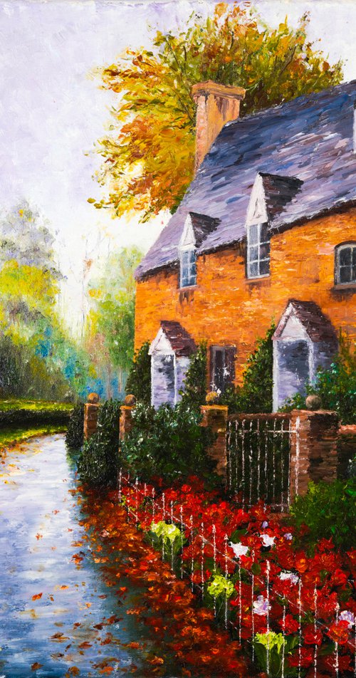 RAINY SUBURB - City landscape. Quiet streets. Evening rain. Old houses. Cozy town. Flower garden. Autumn. Road. by Marina Skromova