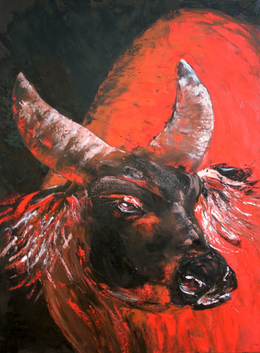 Expressive Oil Painting , Red Bull By Salana Art / Svetlana Samovarova, 20 X 28, Artwork For Sale On Artfinder