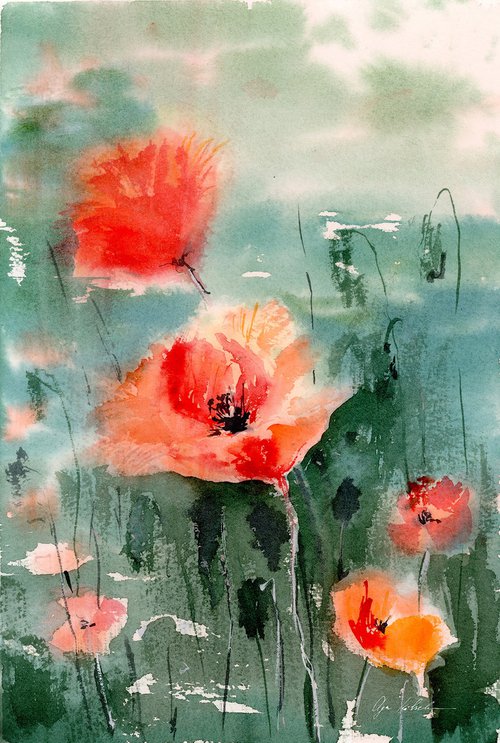 Watercolor poppy field by Olga Koelsch