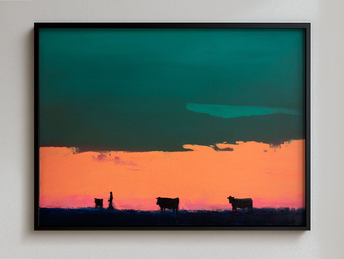 Impressionistic Landscape Acrylic Painting By Bohdan Katolyk, 28 X 22, Grazing At Sunset, Original Artwork