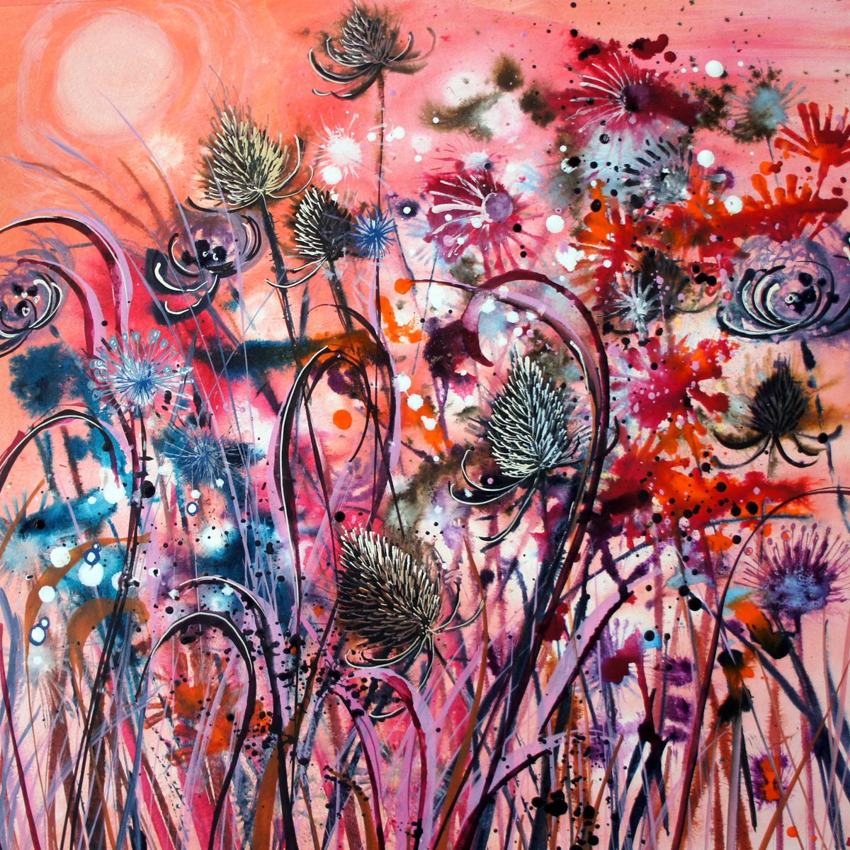 Organic Botanical Painting By Julia Rigby, 28 X 28", Teasles - Orange And Pink, Original Artwork