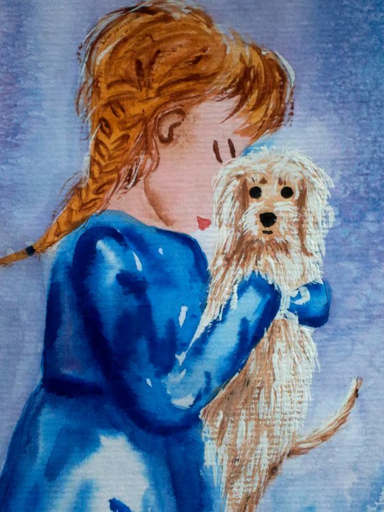 Girl and Dog Painting Portrait Original Art Girl and Puppy Small Watercolor Artwork Home Wall Art 8 by 12" by Halyna Kirichenko